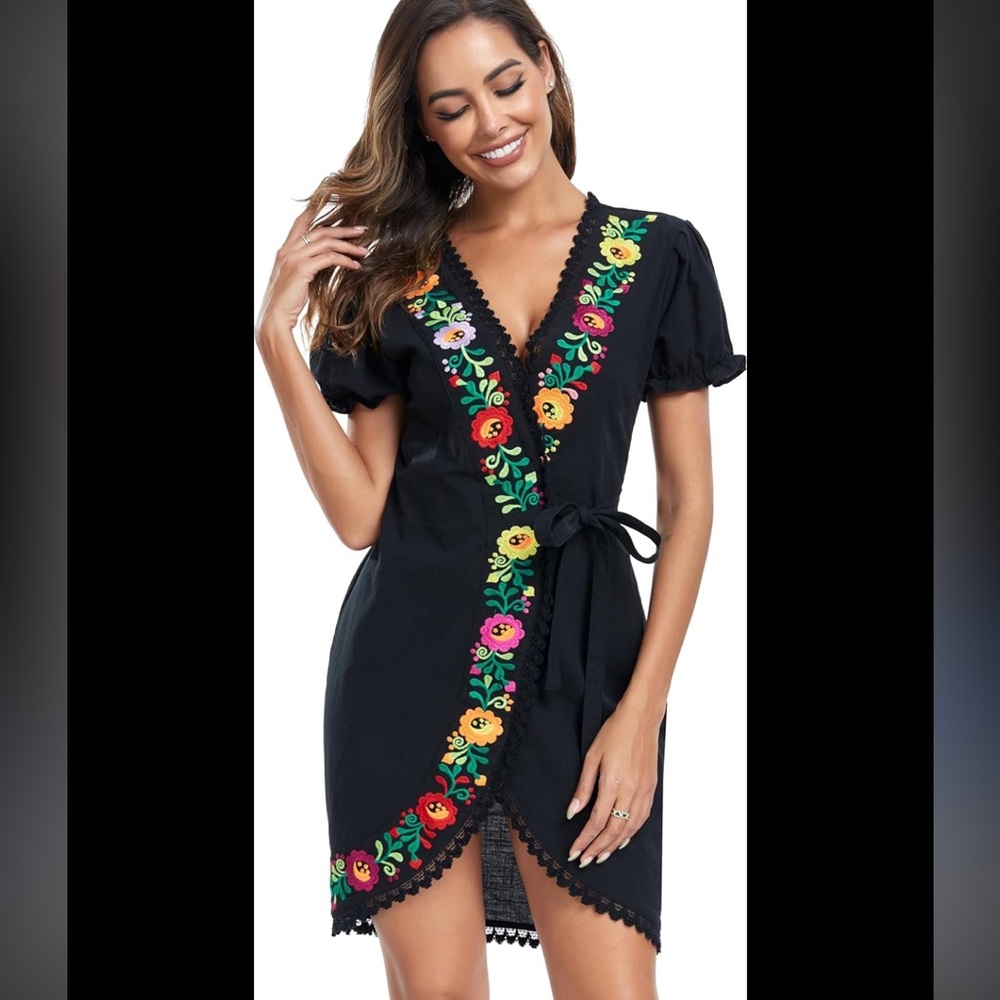 Elegant Black Floral Wrap Mini Dress NWT WOW!! Different from all the rest!